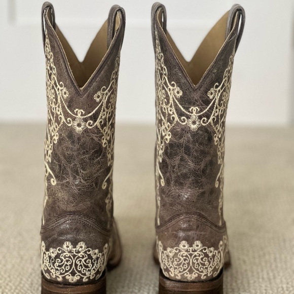 Vintage Leather Brown Embroidered Heeled Boots - Picture 3 of 10